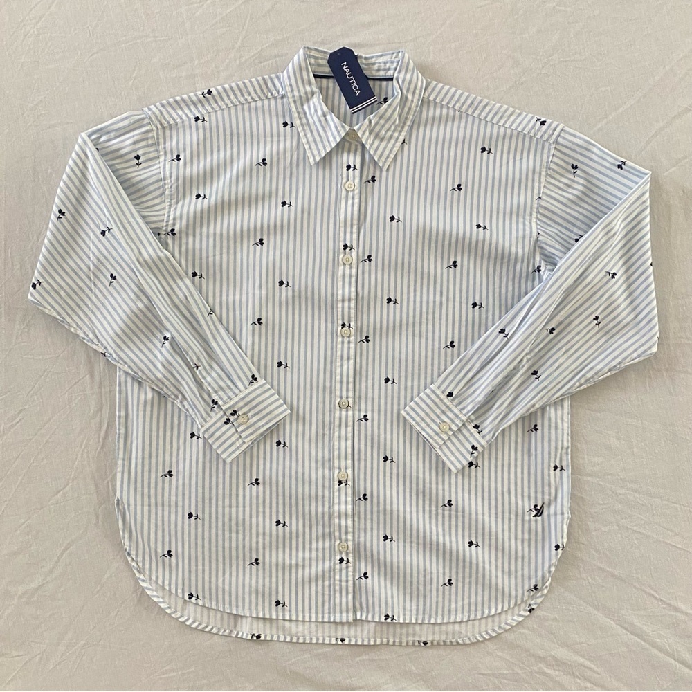 Nautica Womens Striped Floral Long Sleeve Button Down Shirt White Blue M